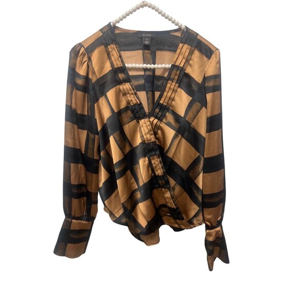 Halogen Womens XS Brown & Black Plaid Blouse With V-Neckline & Long Sleeves - Picture 2 of 6